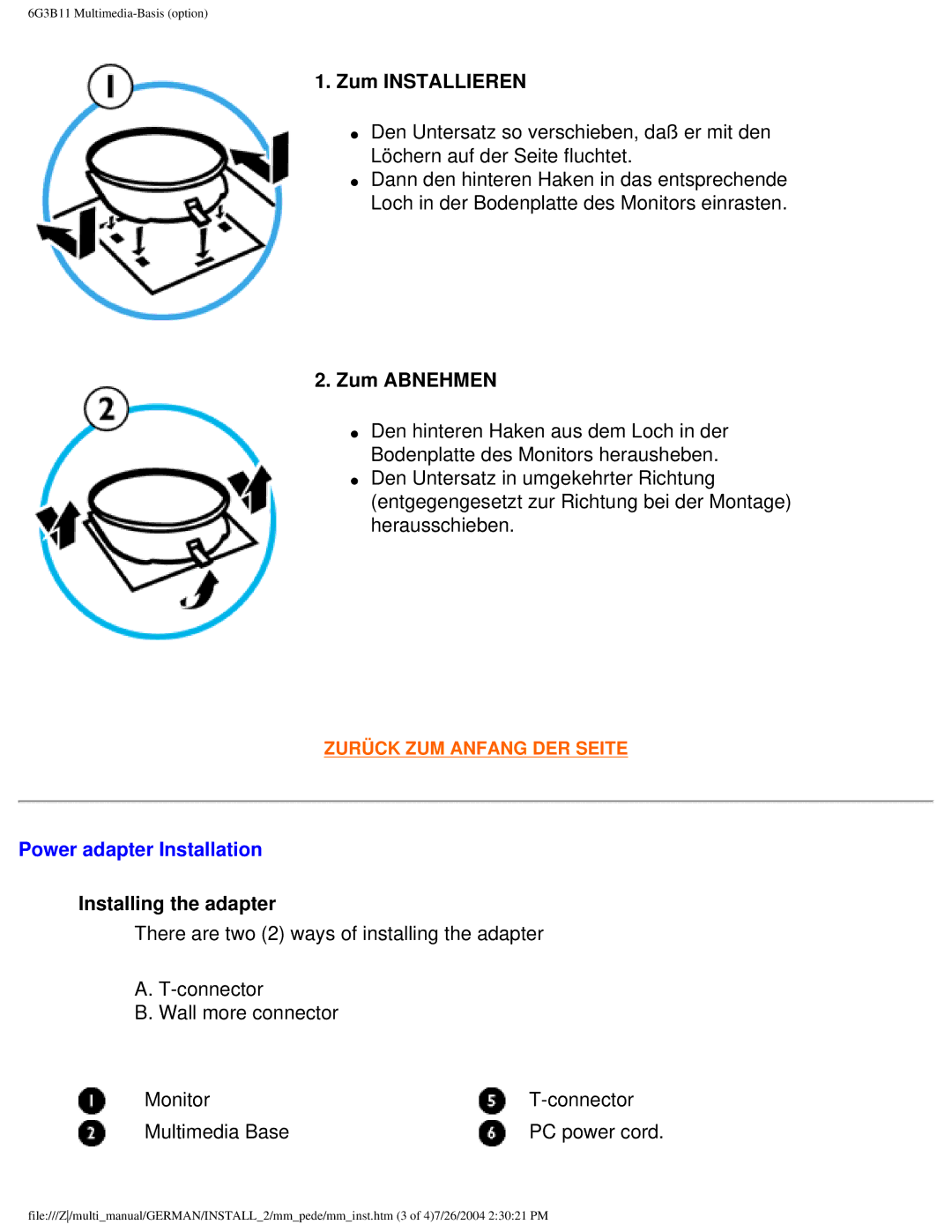 Philips 107T user manual Zum Installieren, Zum Abnehmen, Installing the adapter 