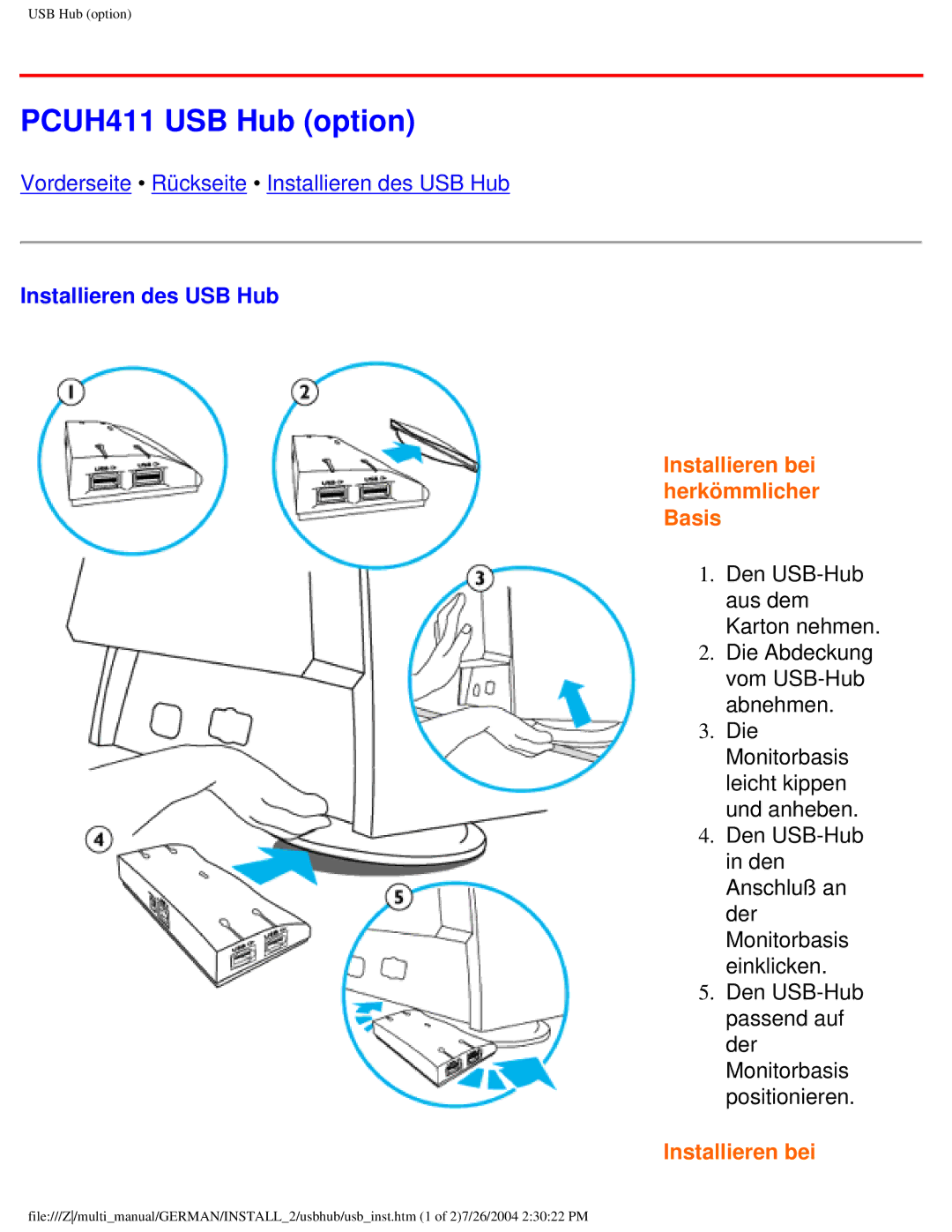 Philips 107T user manual PCUH411 USB Hub option, Installieren des USB Hub 