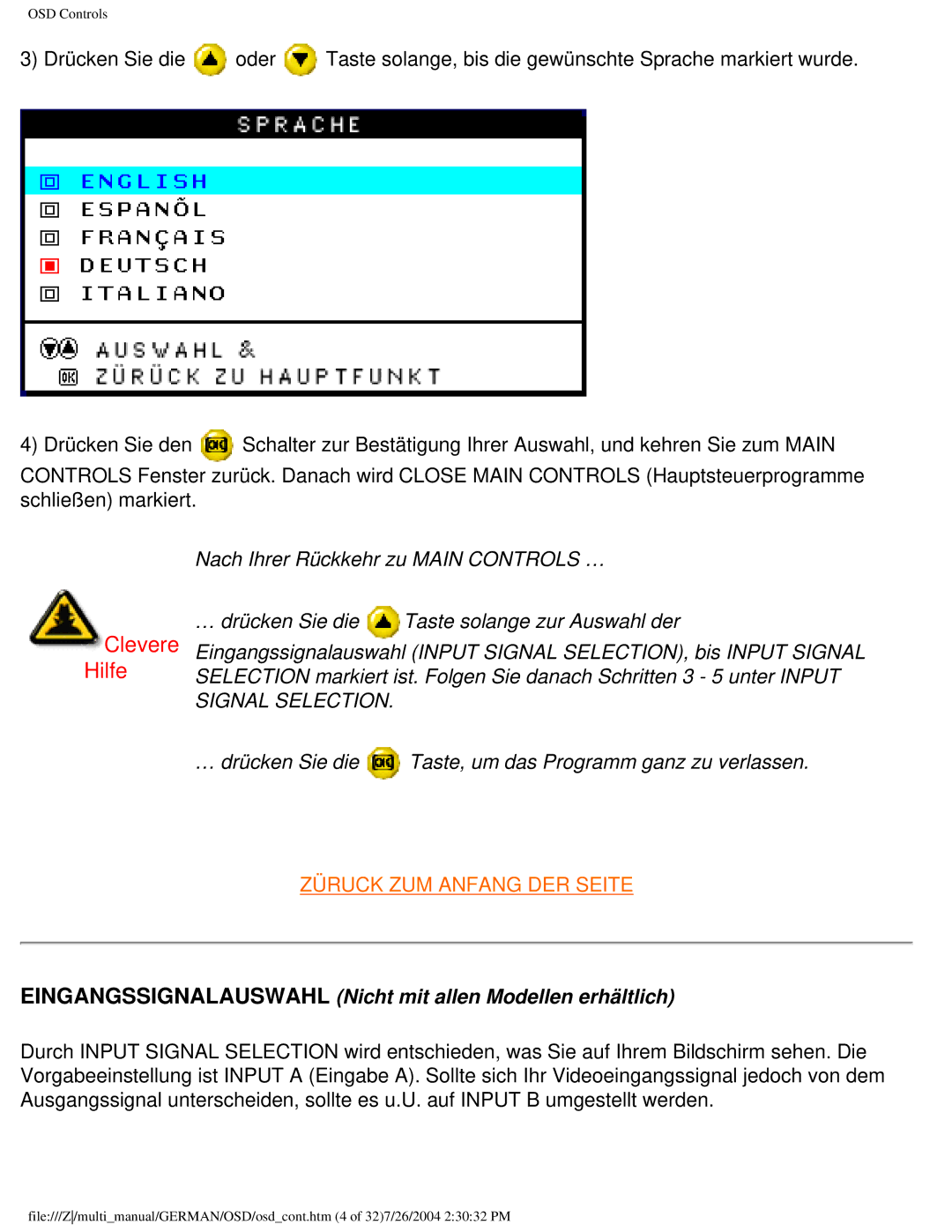 Philips 107T user manual Eingangssignalauswahl Nicht mit allen Modellen erhältlich 