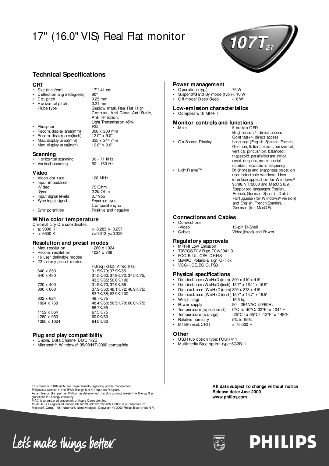 Philips 107T21 Scanning, Video, White color temperature, Resolution and preset modes, Plug and play compatibility, Other 