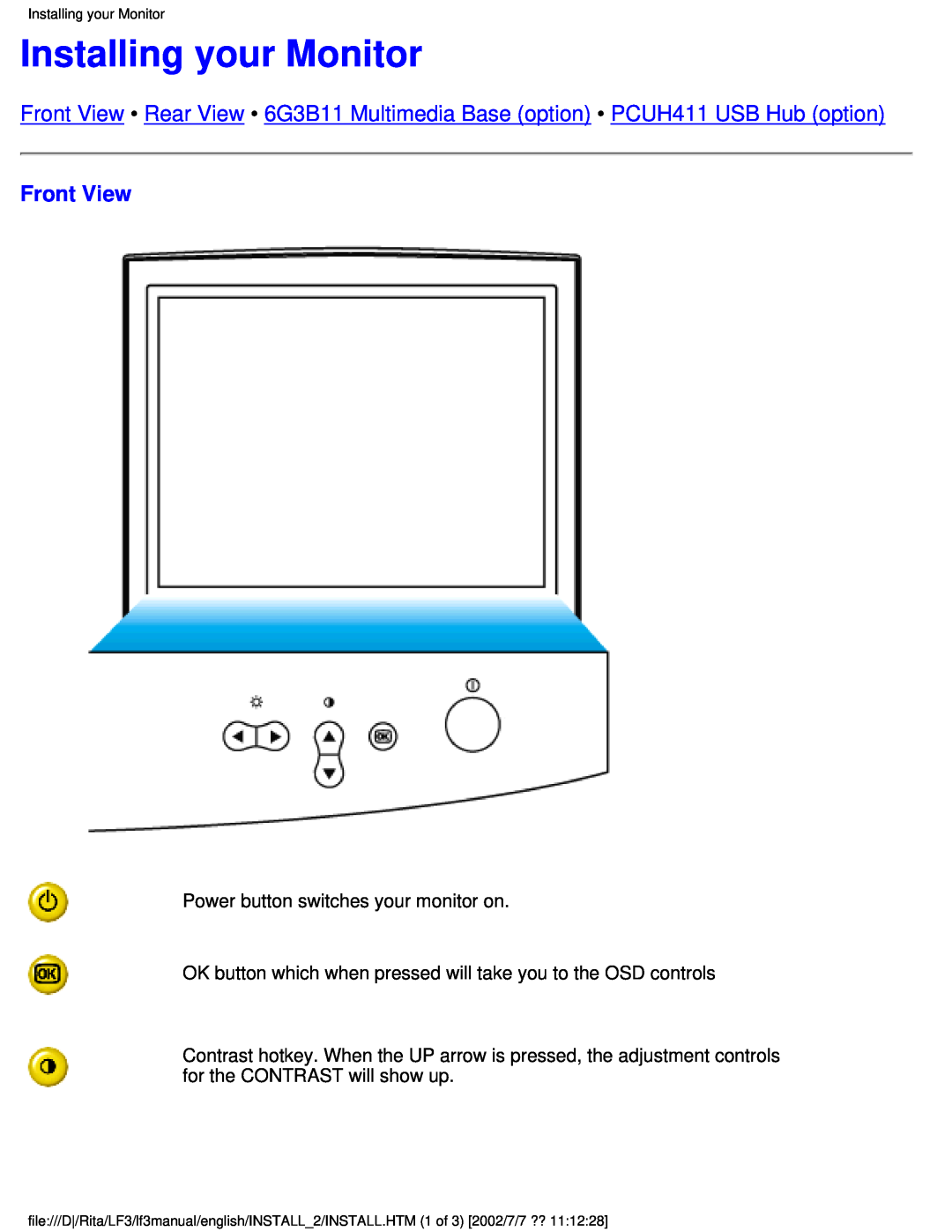 Philips 107T41 user manual Installing your Monitor, Front View 