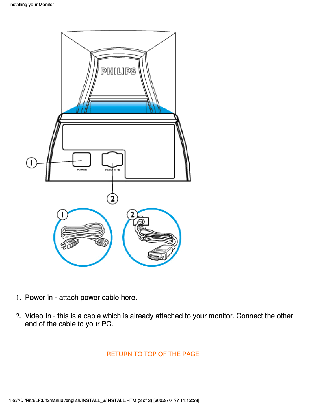 Philips 107T41 user manual Power in - attach power cable here, Return To Top Of The Page, Installing your Monitor 