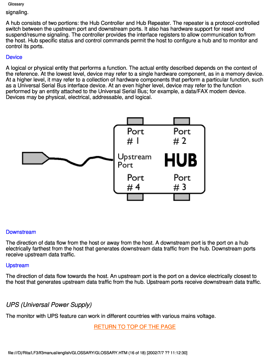 Philips 107T41 user manual UPS Universal Power Supply, Device, Downstream, Upstream, Return To Top Of The Page 
