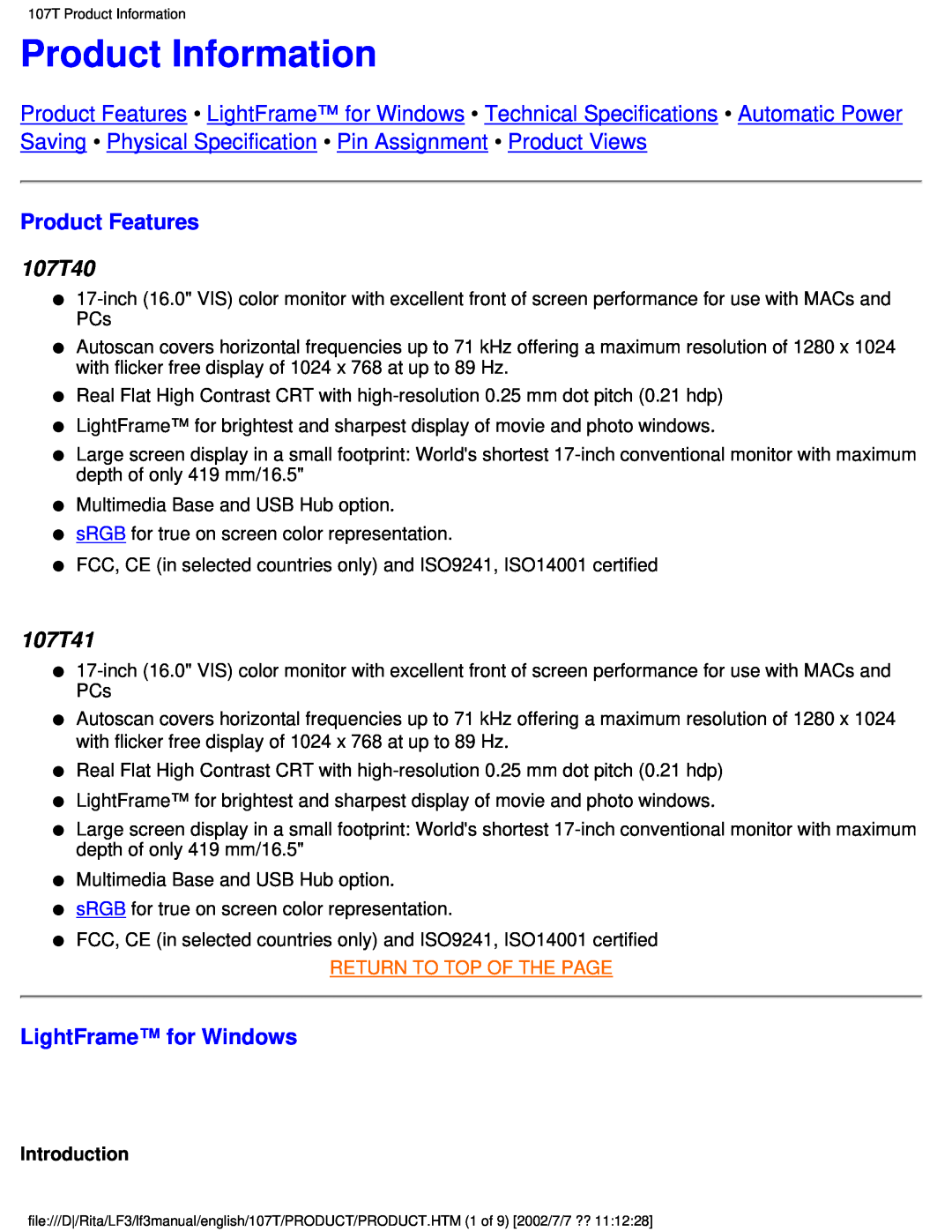 Philips 107T41 user manual Product Information, Product Features, 107T40, LightFrame for Windows, Return To Top Of The Page 