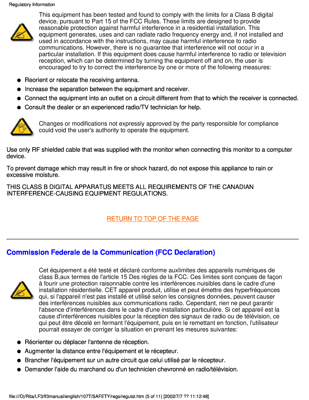 Philips 107T41 user manual Commission Federale de la Communication FCC Declaration, Return To Top Of The Page 