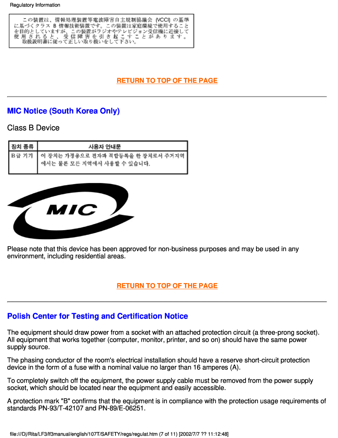 Philips 107T41 user manual MIC Notice South Korea Only, Polish Center for Testing and Certification Notice, Class B Device 