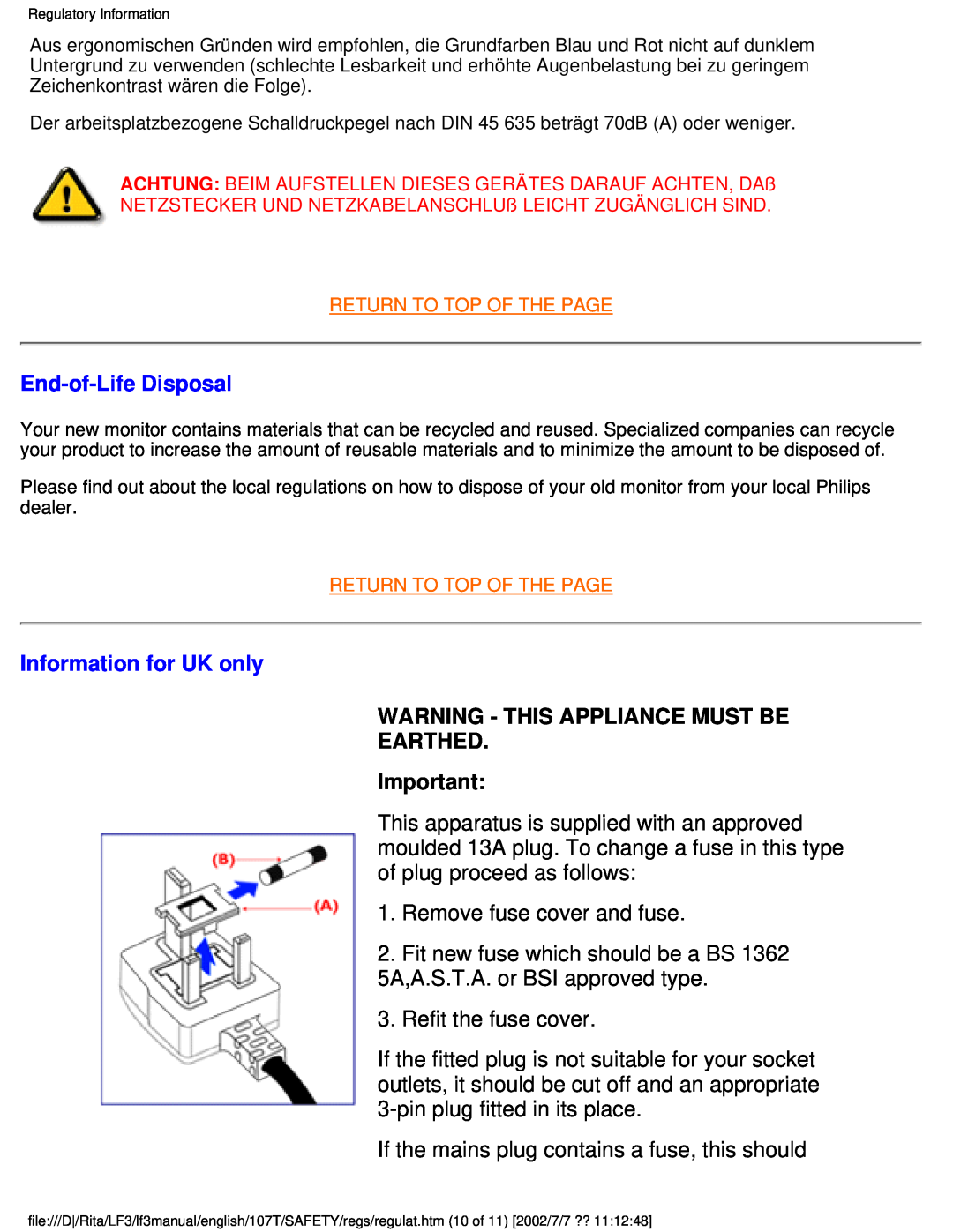 Philips 107T41 user manual End-of-Life Disposal, Information for UK only, Warning - This Appliance Must Be Earthed 