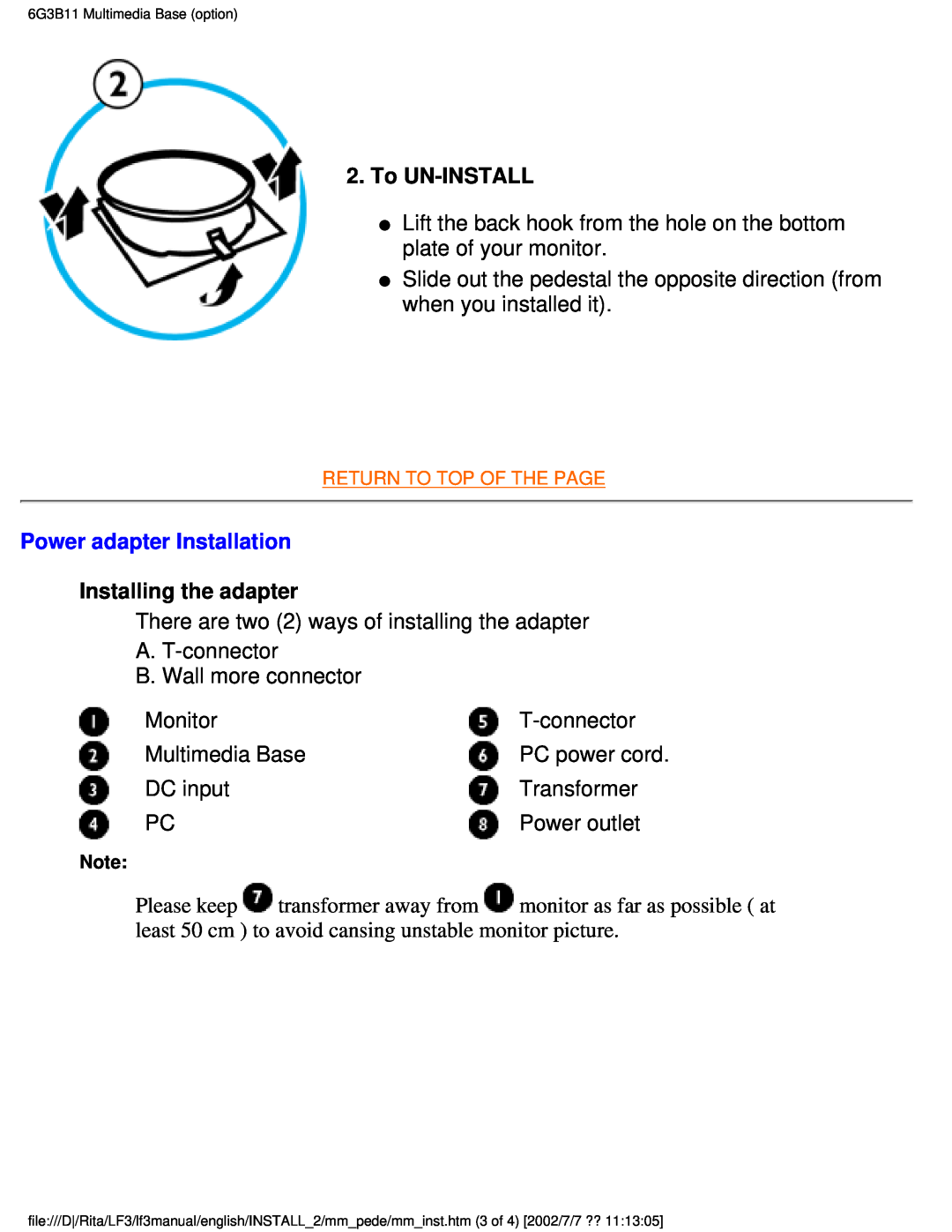 Philips 107T41 user manual To UN-INSTALL, Power adapter Installation, Installing the adapter 