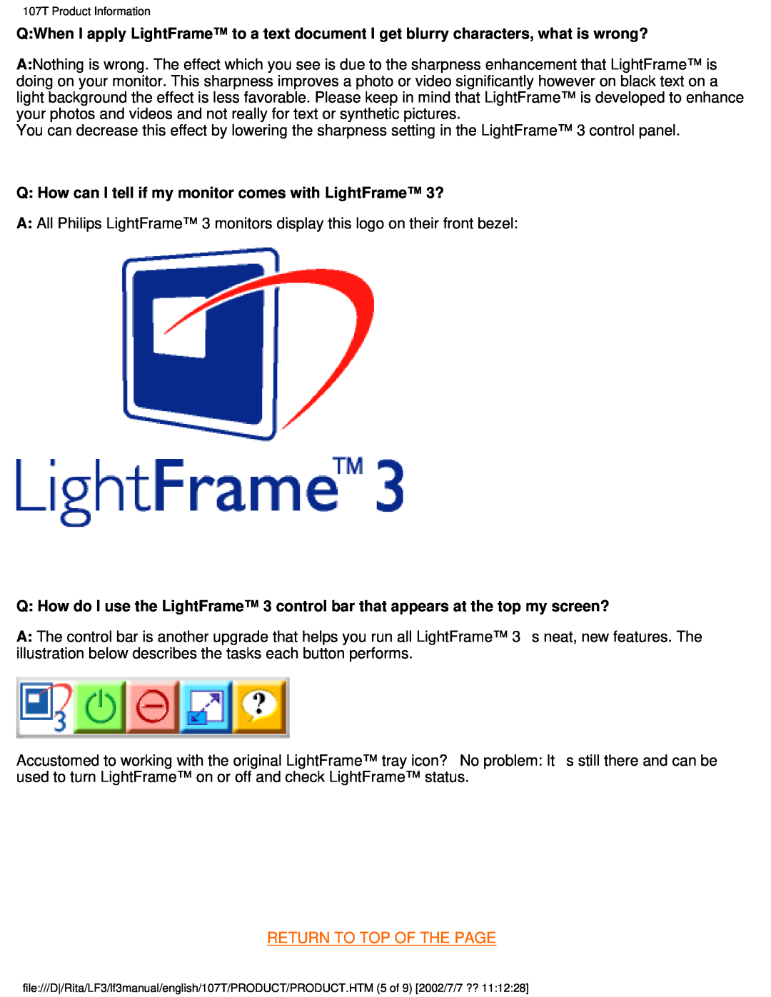 Philips 107T41 user manual Q How can I tell if my monitor comes with LightFrame 3?, Return To Top Of The Page 