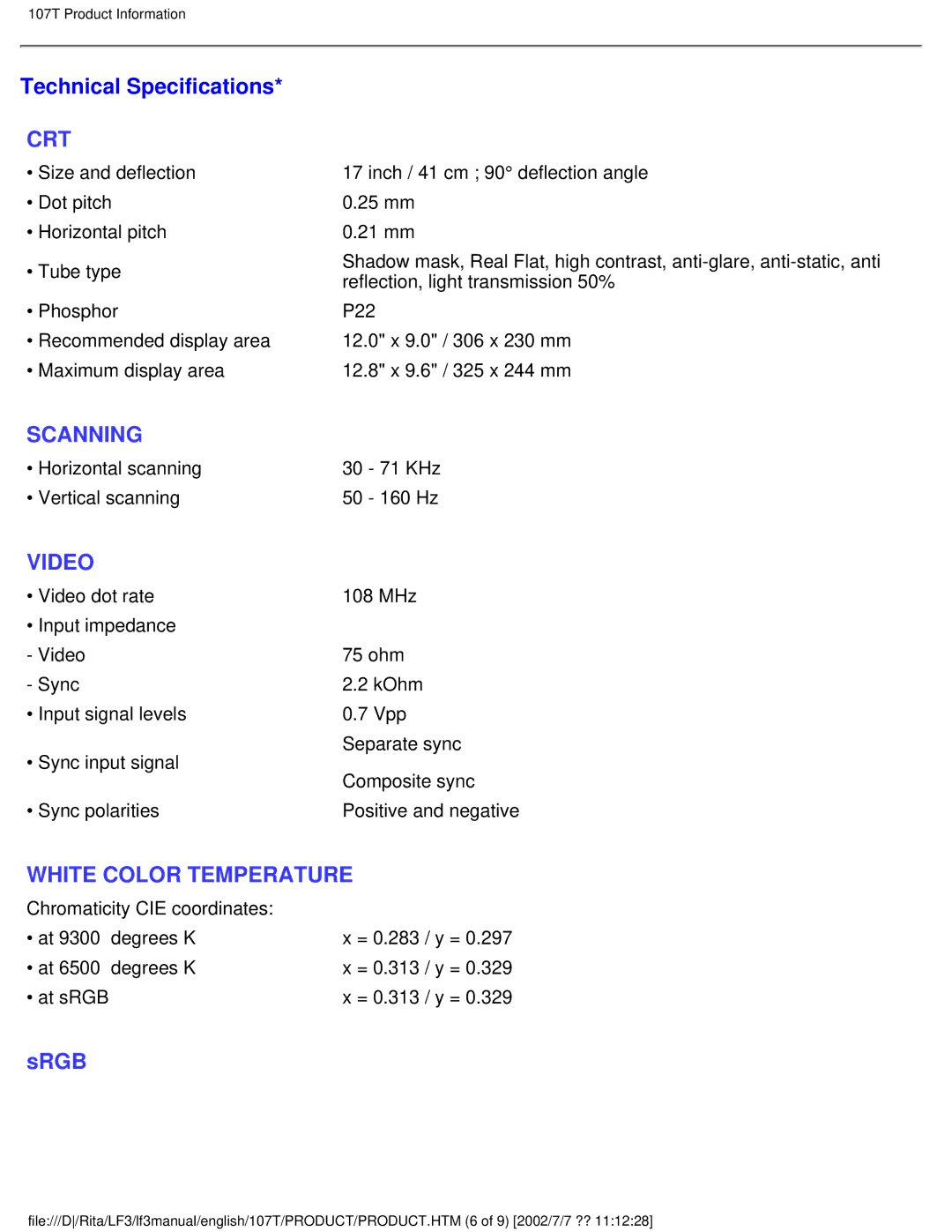 Philips 107T41 user manual Technical Specifications, Crt 