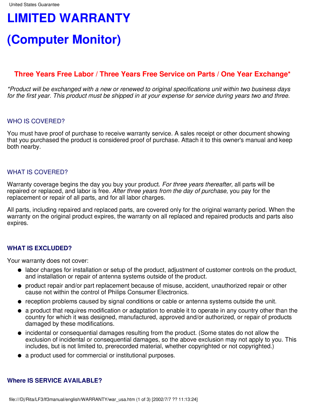 Philips 107T41 user manual Limited Warranty, Computer Monitor 