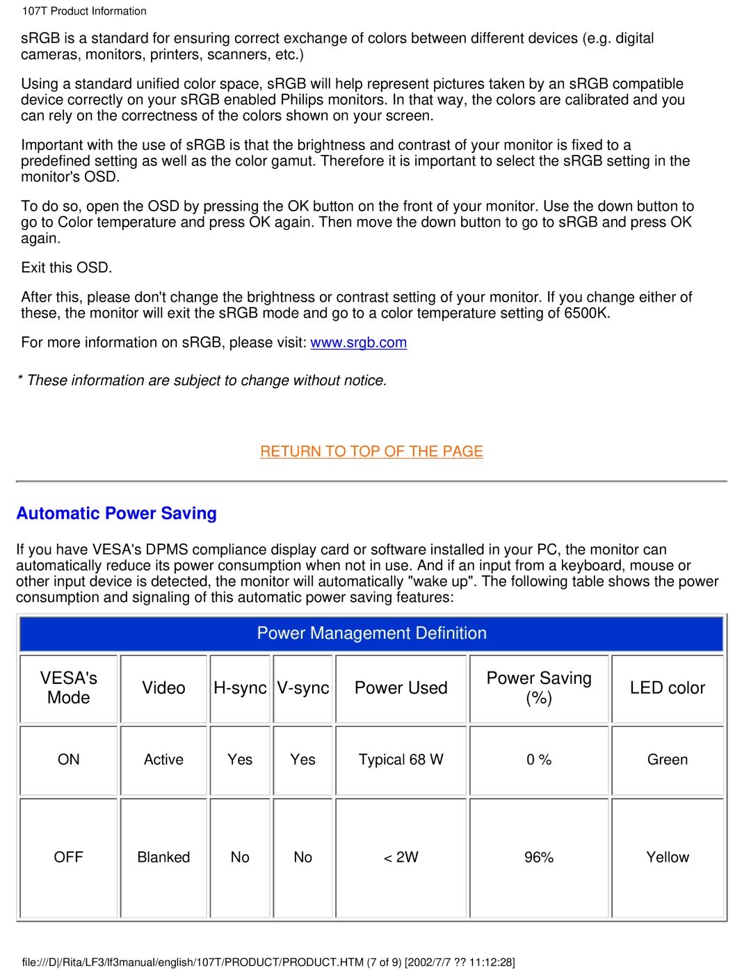 Philips 107T41 user manual Automatic Power Saving, Power Management Definition 