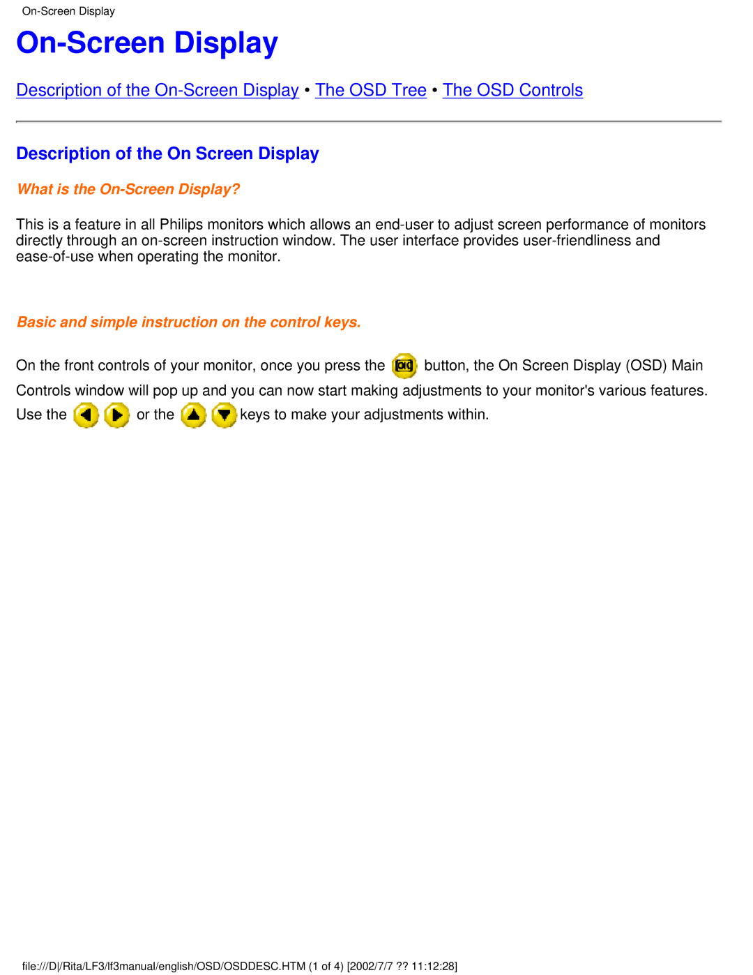 Philips 107T41 user manual On-Screen Display, Description of the On Screen Display 