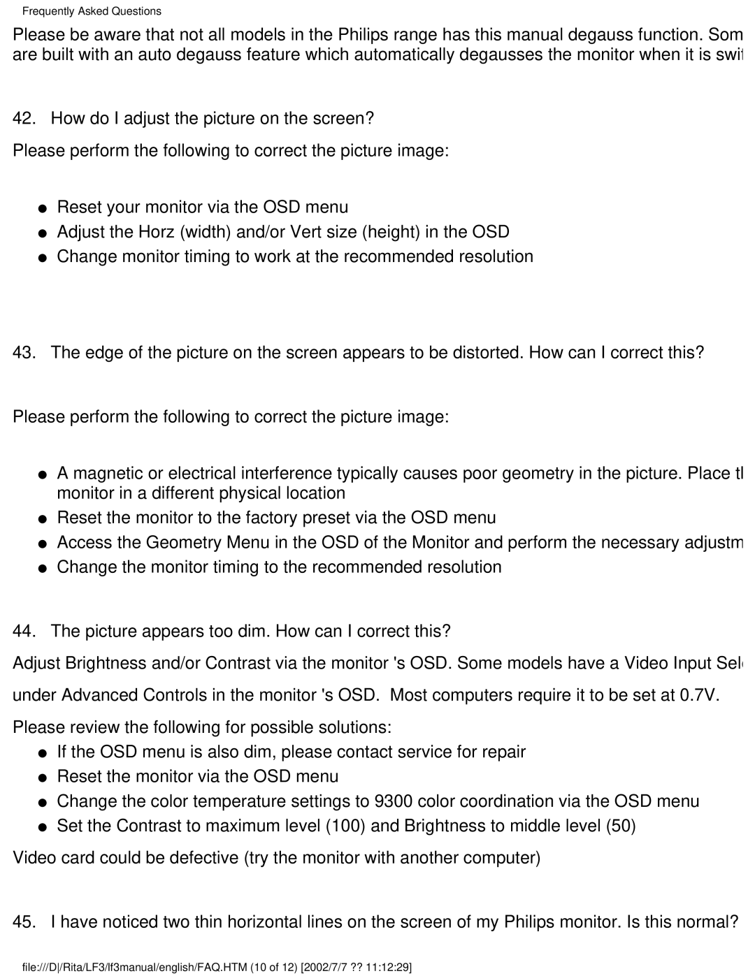 Philips 107T41 user manual How do I adjust the picture on the screen?, Picture appears too dim. How can I correct this? 