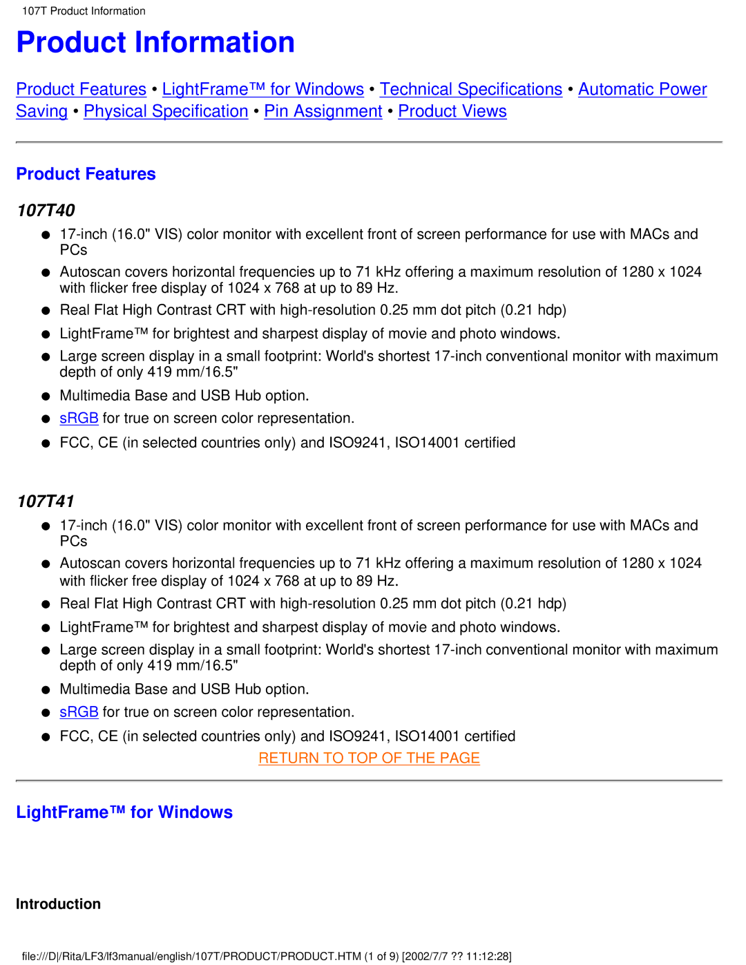 Philips 107T41 user manual Product Information, Product Features, LightFrame for Windows 