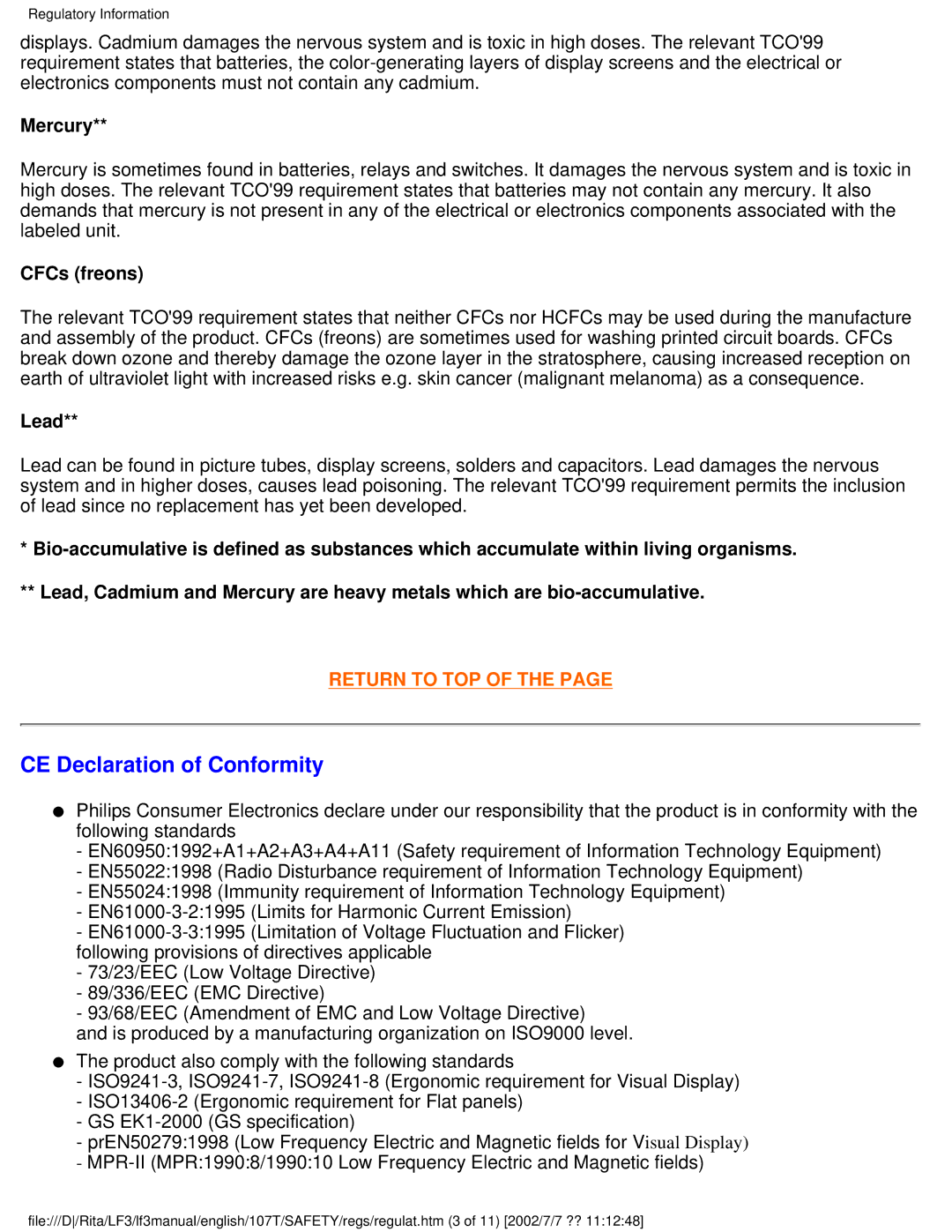 Philips 107T41 user manual CE Declaration of Conformity, Mercury 