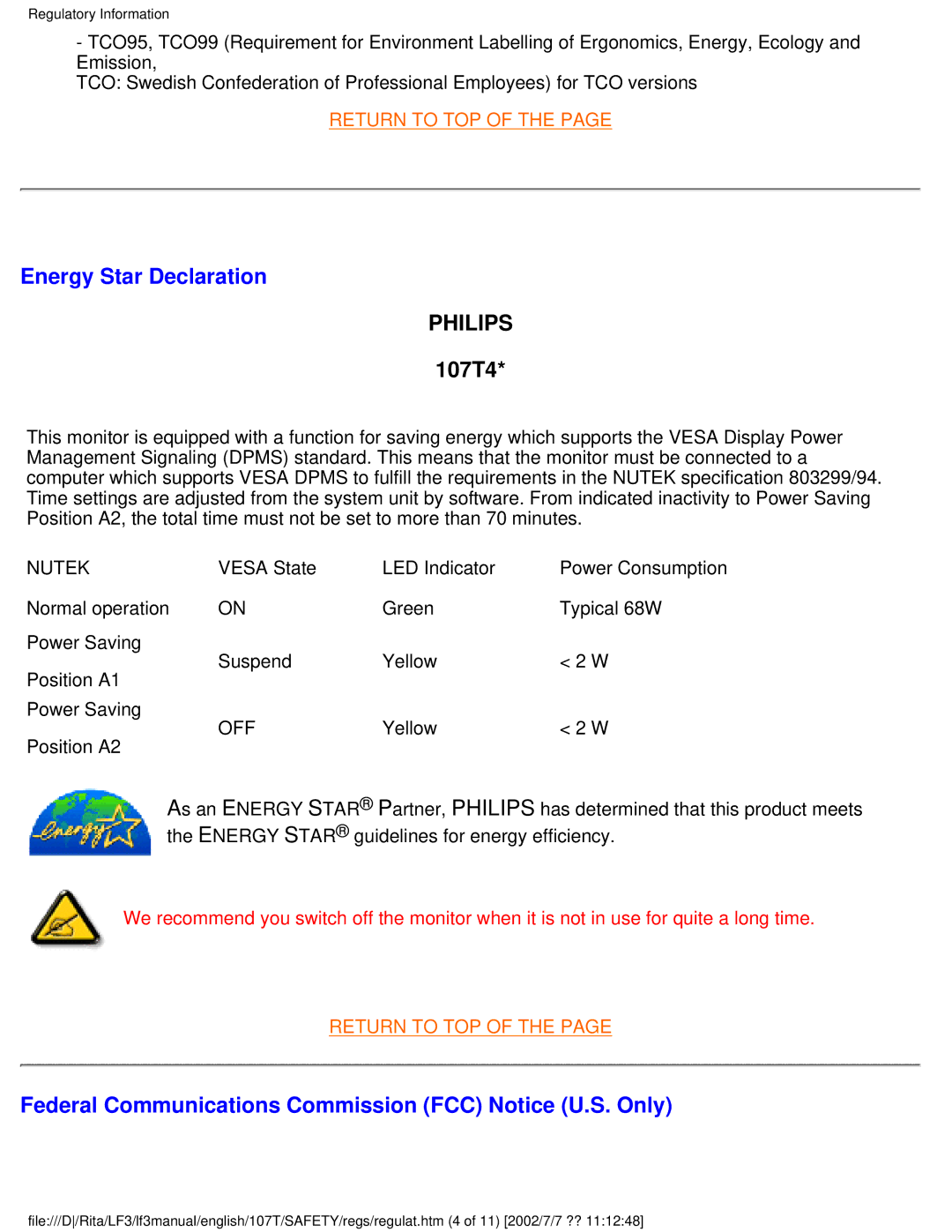 Philips 107T41 user manual Energy Star Declaration, Philips, Federal Communications Commission FCC Notice U.S. Only 