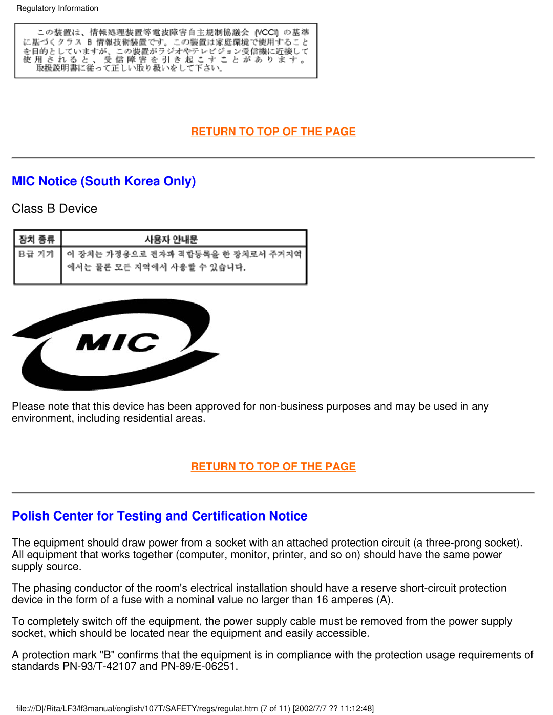 Philips 107T41 user manual MIC Notice South Korea Only, Polish Center for Testing and Certification Notice 