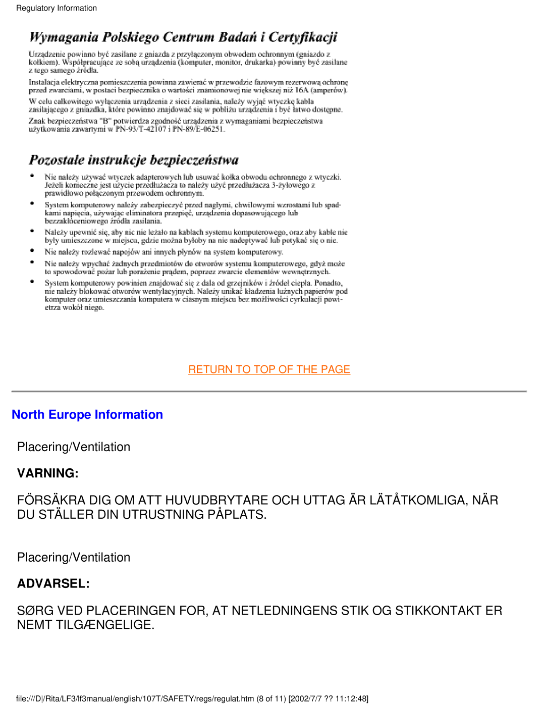 Philips 107T41 user manual North Europe Information, Varning 