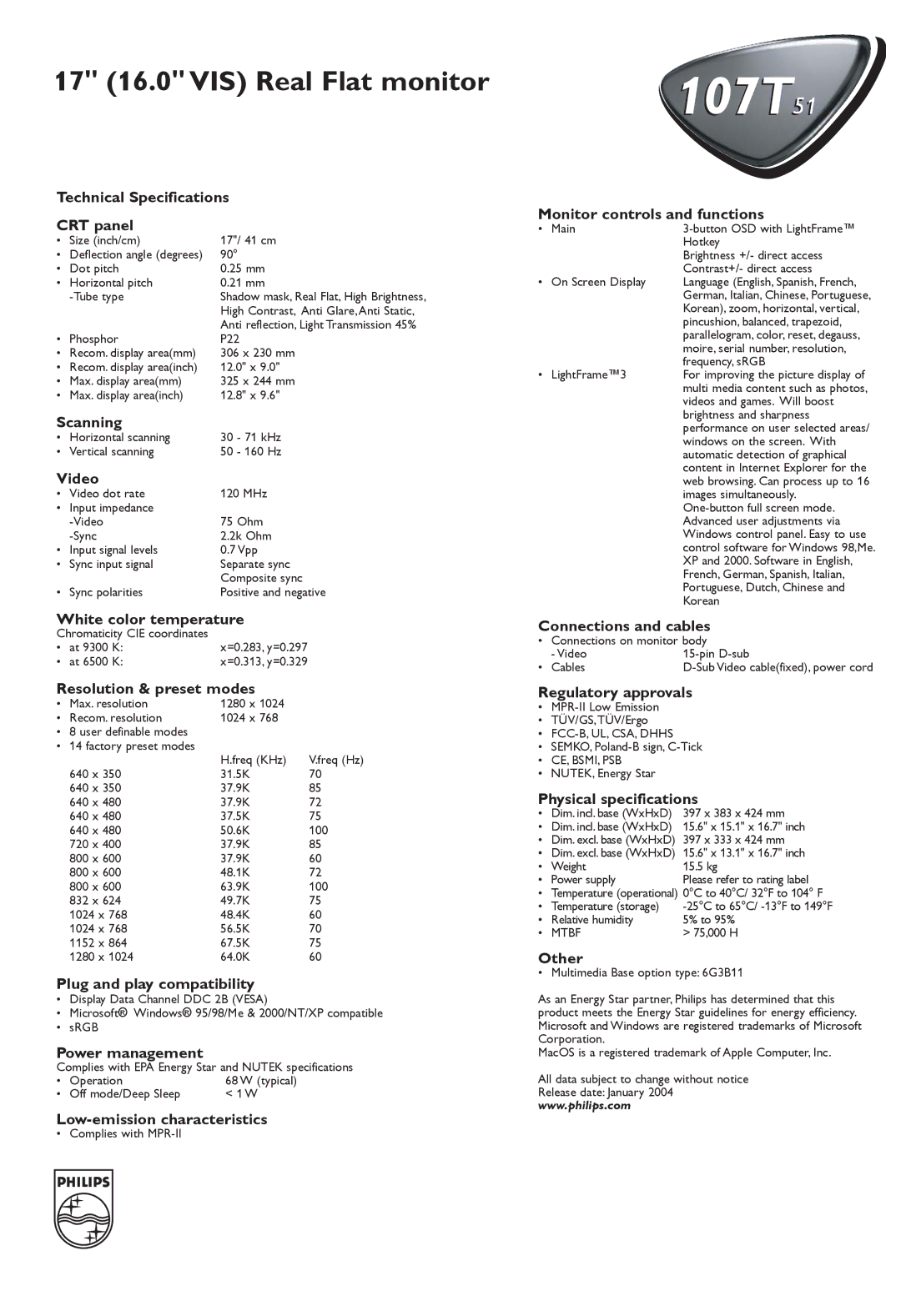 Philips 107T51 Technical Specifications CRT panel, Scanning, Video, White color temperature, Resolution & preset modes 