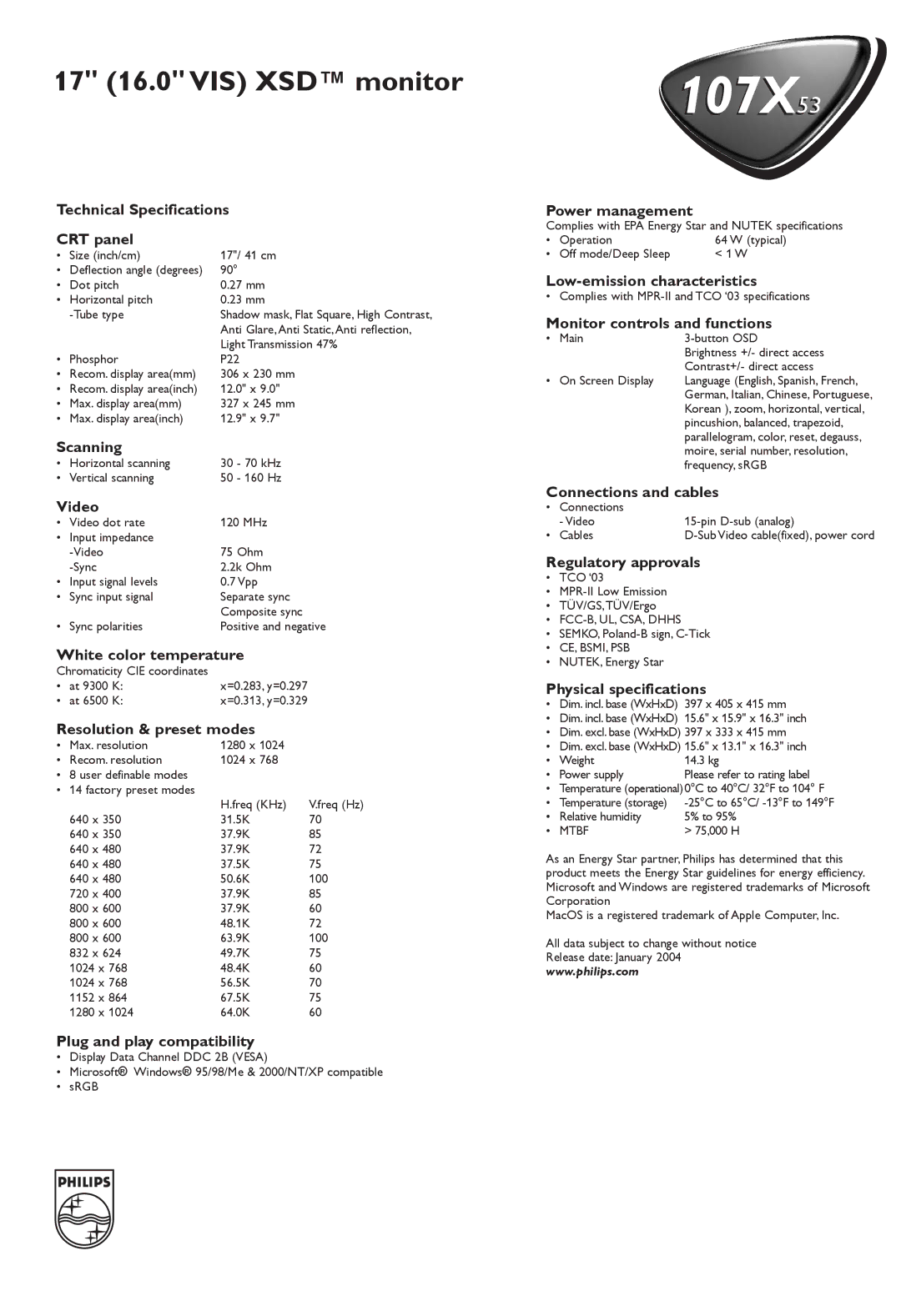 Philips 107X manual Technical Specifications CRT panel, Scanning, Video, White color temperature, Resolution & preset modes 