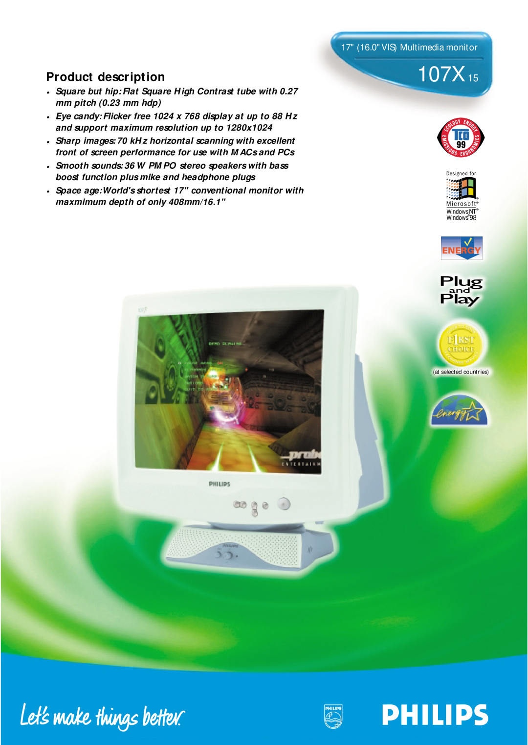 Philips 107X15 manual Product description, 17 16.0 VIS Multimedia monitor 