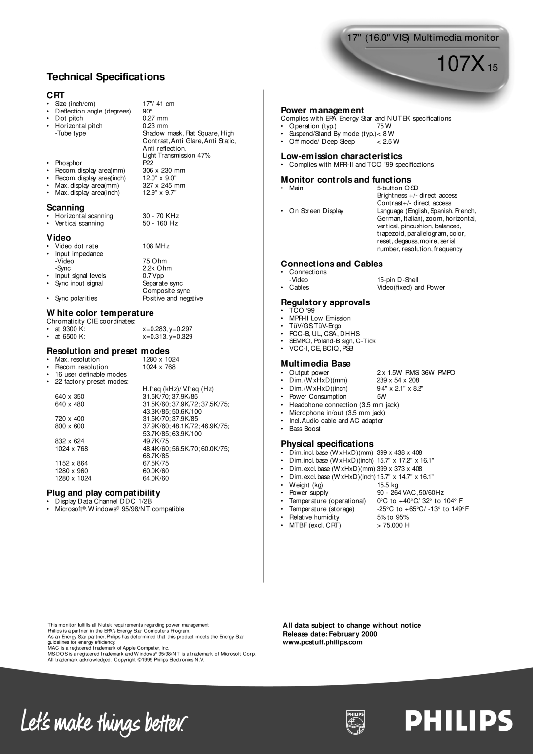 Philips 107X15 manual Scanning, Video, White color temperature, Resolution and preset modes, Plug and play compatibility 