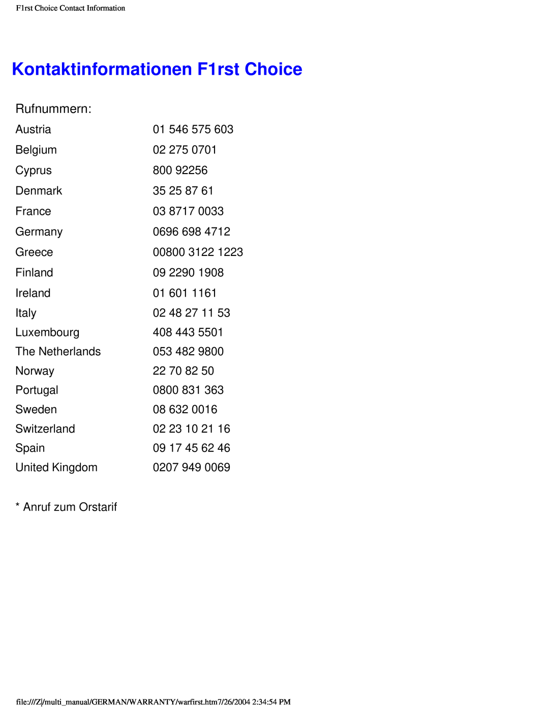 Philips 107X2 user manual Kontaktinformationen F1rst Choice, Rufnummern 