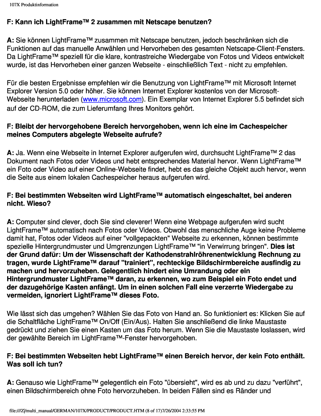 Philips 107X2 user manual F Kann ich LightFrame 2 zusammen mit Netscape benutzen? 