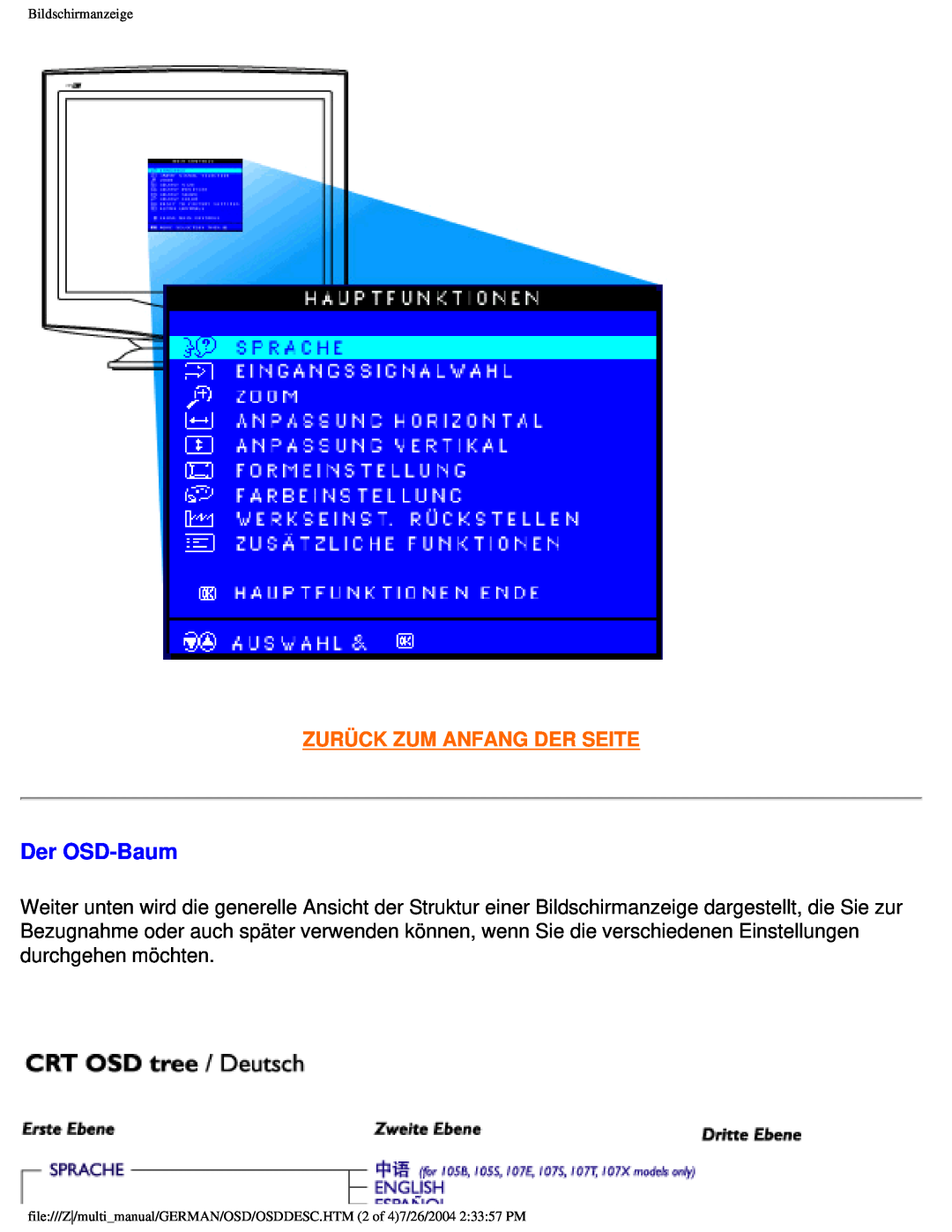 Philips 107X2 user manual Der OSD-Baum, Zurück Zum Anfang Der Seite, Bildschirmanzeige 