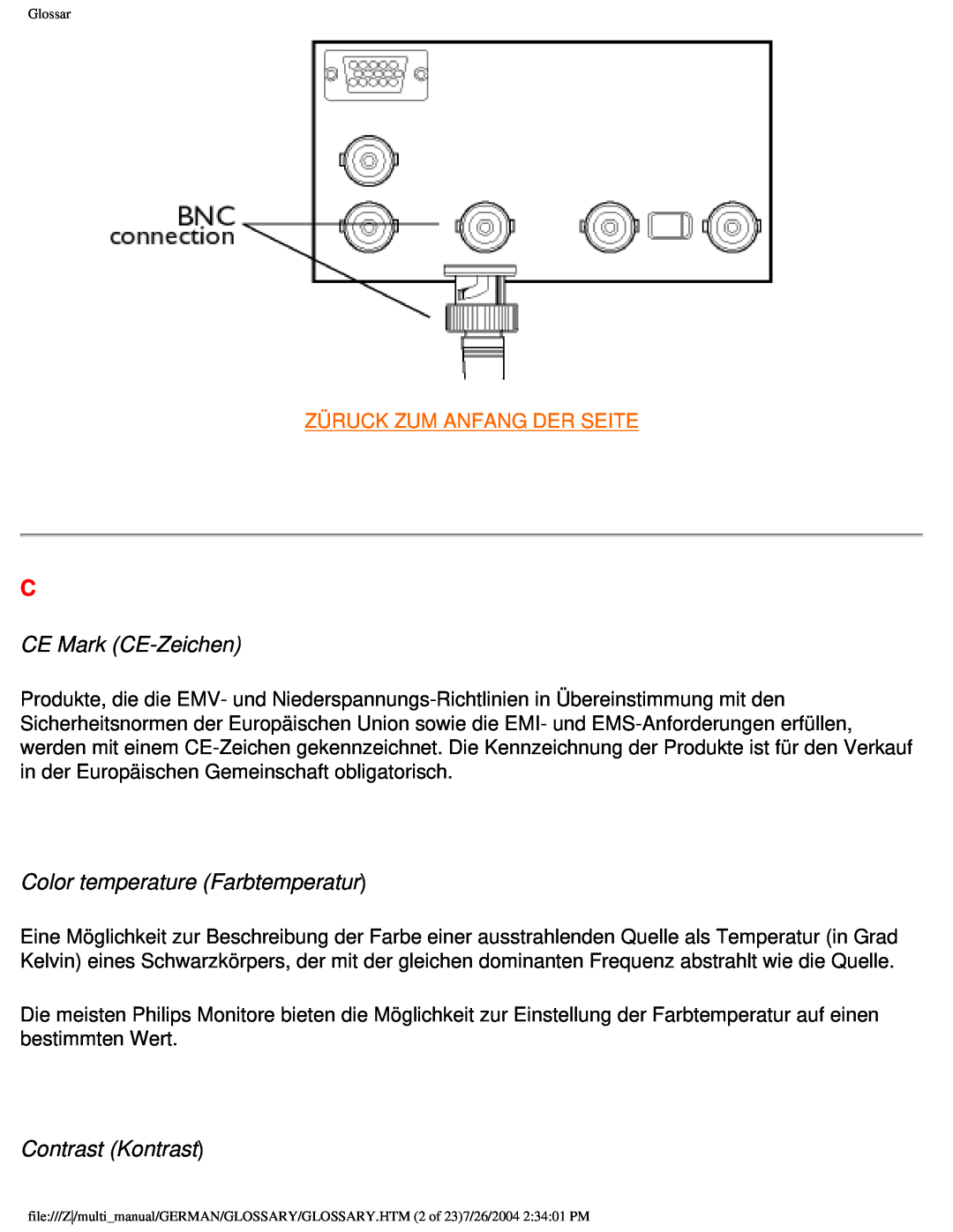 Philips 107X2 CE Mark CE-Zeichen, Color temperature Farbtemperatur, Contrast Kontrast, Züruck Zum Anfang Der Seite 