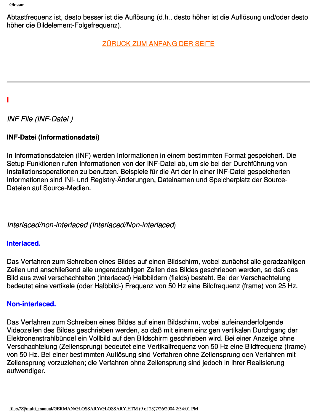 Philips 107X2 INF File INF-Datei, Interlaced/non-interlaced Interlaced/Non-interlaced, Züruck Zum Anfang Der Seite 