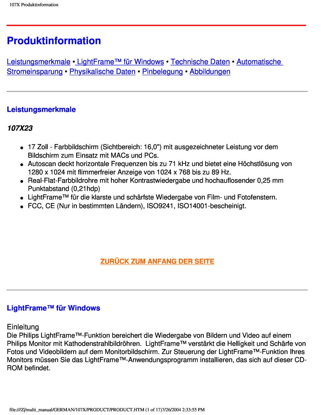 Philips user manual Produktinformation, Leistungsmerkmale, 107X23, LightFrame für Windows, Zurück Zum Anfang Der Seite 