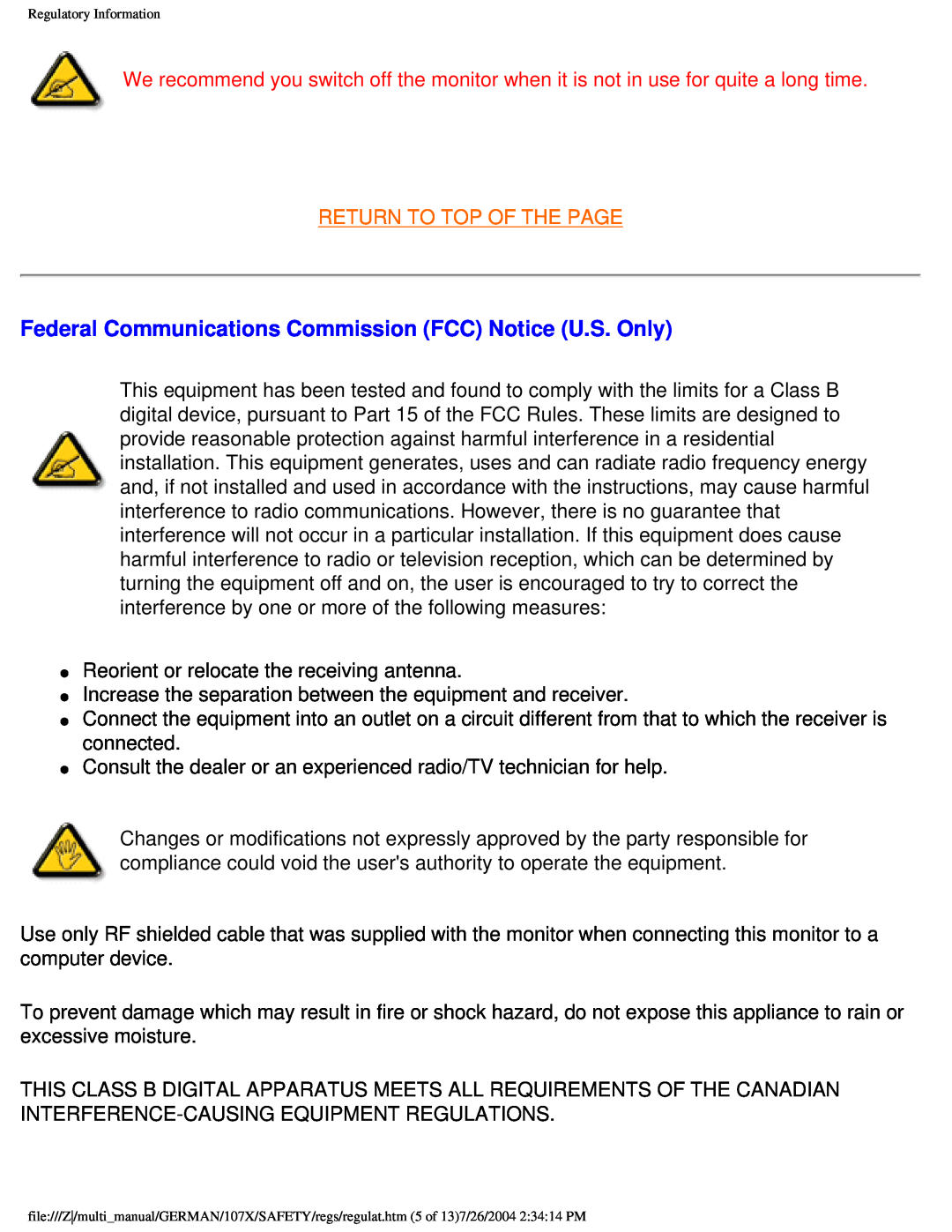 Philips 107X2 user manual Federal Communications Commission FCC Notice U.S. Only, Return To Top Of The Page 