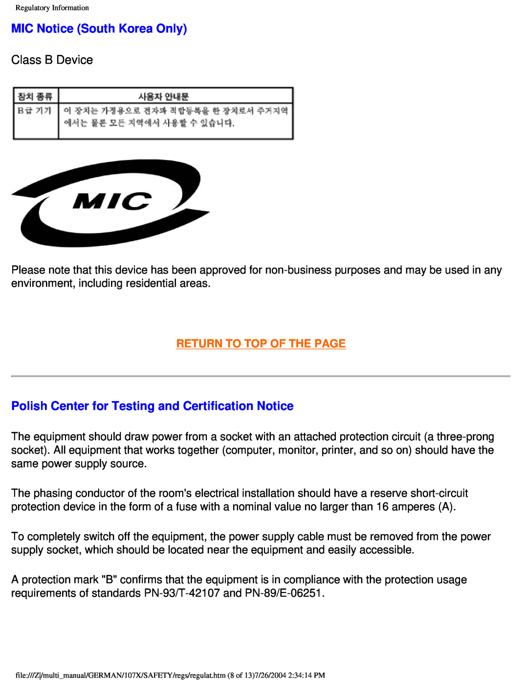 Philips 107X2 user manual MIC Notice South Korea Only, Polish Center for Testing and Certification Notice, Class B Device 