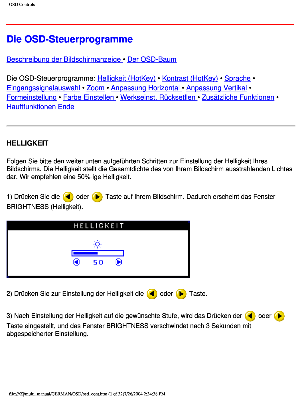 Philips 107X2 user manual Die OSD-Steuerprogramme, Beschreibung der Bildschirmanzeige Der OSD-Baum, Helligkeit 