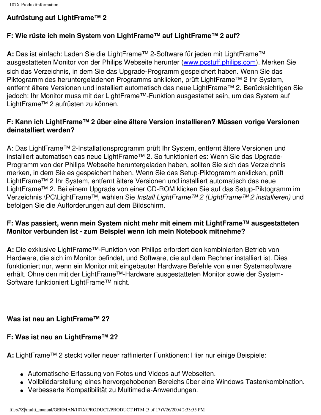 Philips 107X2 user manual Was ist neu an LightFrame 2? 