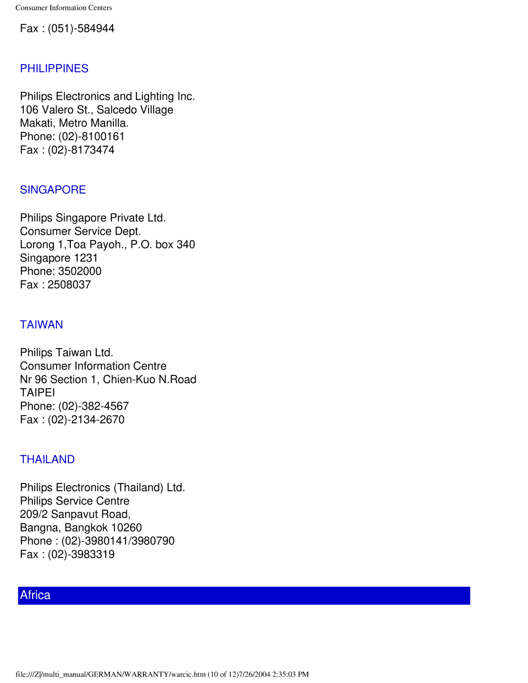 Philips 107X2 user manual Africa 