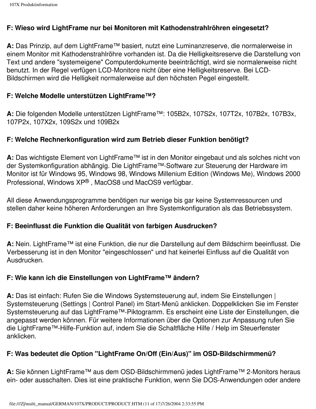 Philips 107X2 user manual Welche Modelle unterstützen LightFrame?, Wie kann ich die Einstellungen von LightFrame ändern? 