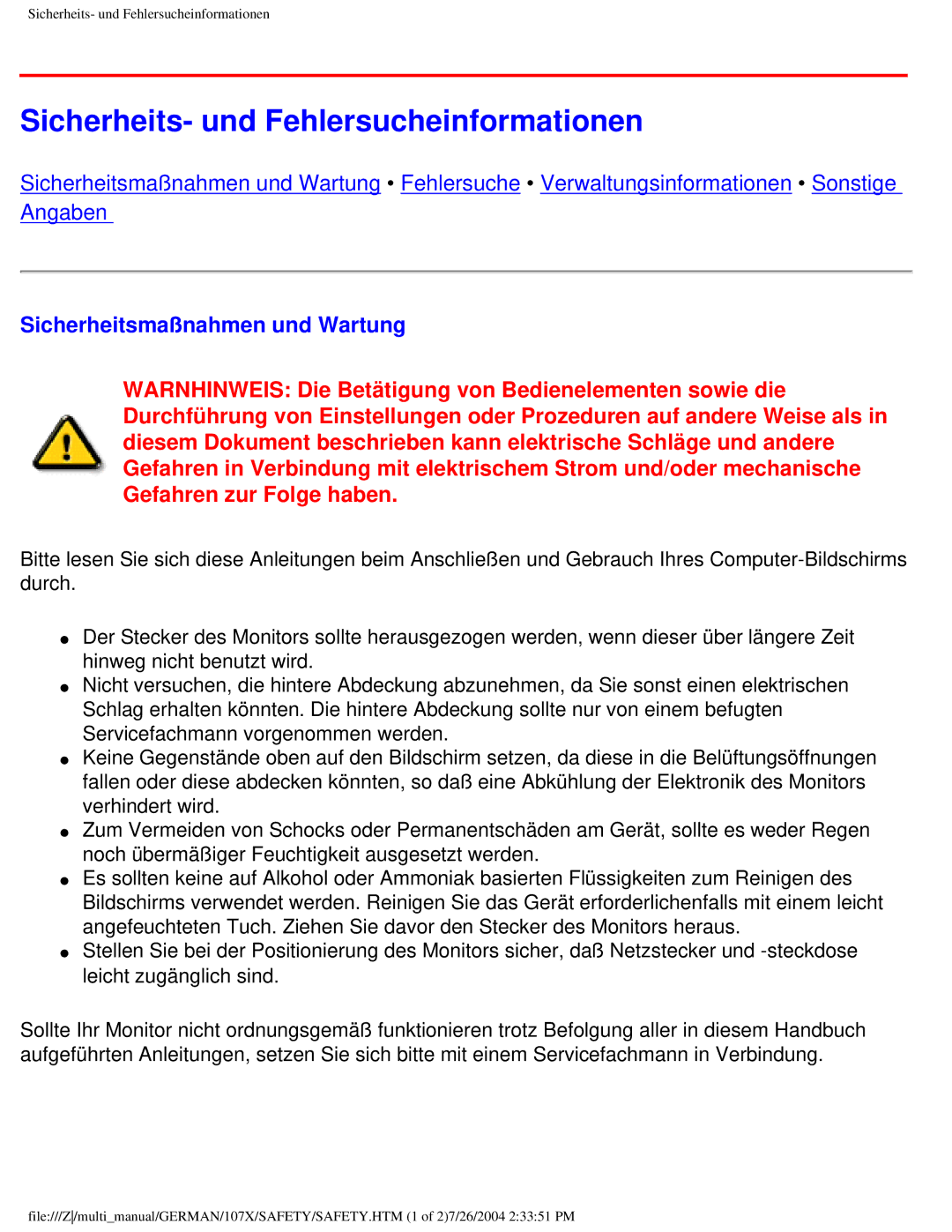 Philips 107X2 user manual Sicherheits- und Fehlersucheinformationen, Sicherheitsmaßnahmen und Wartung 