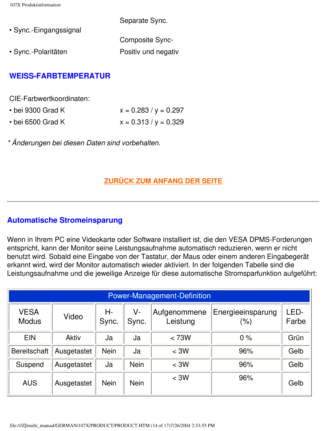 Philips 107X2 user manual Weiss-Farbtemperatur, Automatische Stromeinsparung 