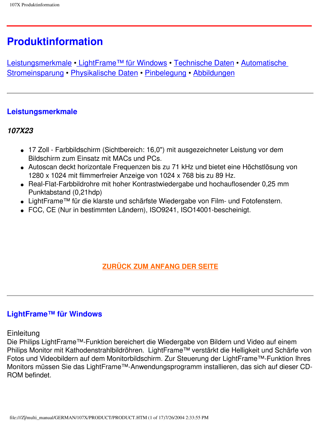 Philips 107X2 user manual Produktinformation, Leistungsmerkmale, LightFrame für Windows 