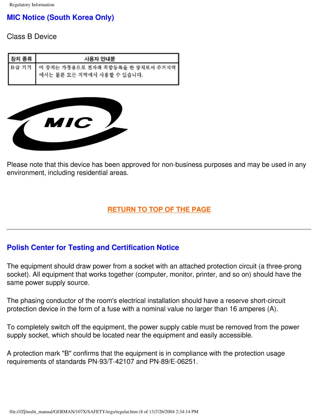 Philips 107X2 user manual MIC Notice South Korea Only, Polish Center for Testing and Certification Notice 