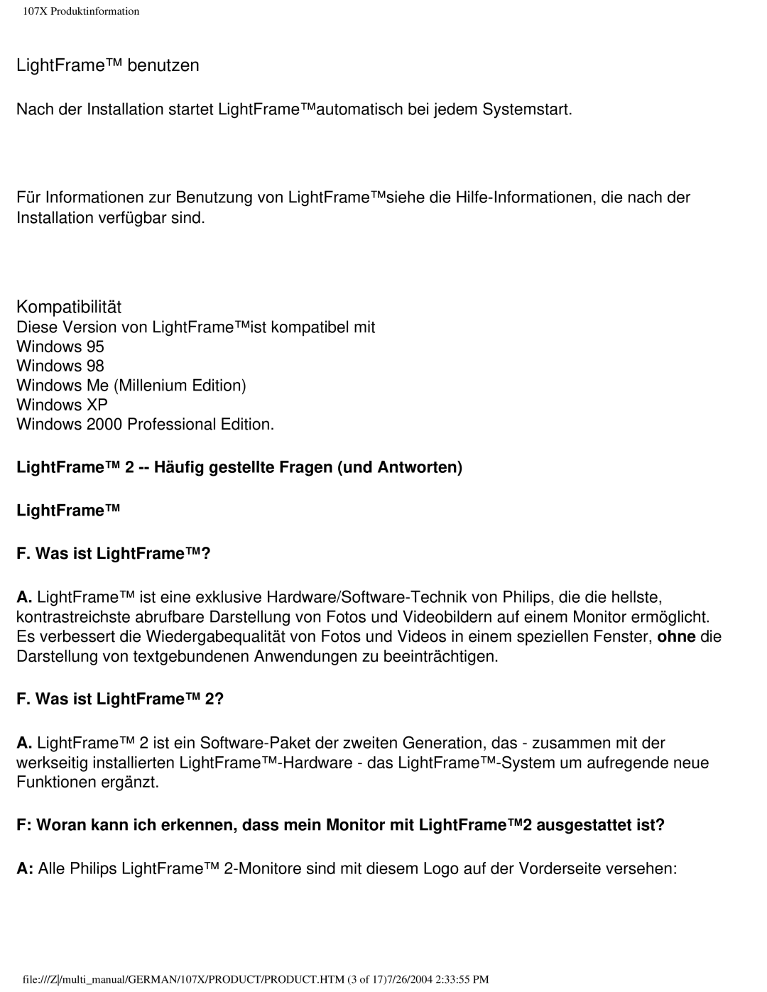 Philips 107X2 user manual LightFrame benutzen, Was ist LightFrame 2? 