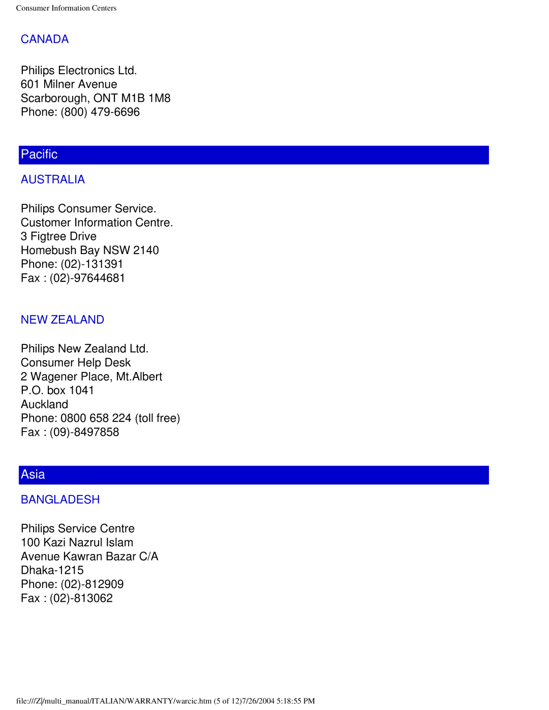 Philips 107X2 user manual Canada, Australia, NEW Zealand, Bangladesh 