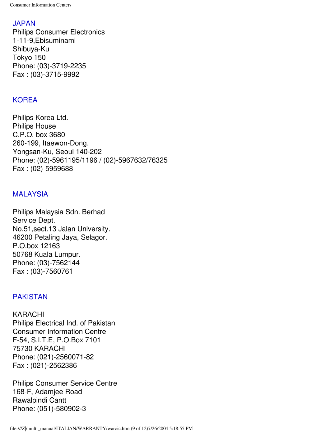 Philips 107X2 user manual Japan, Korea, Malaysia, Pakistan 