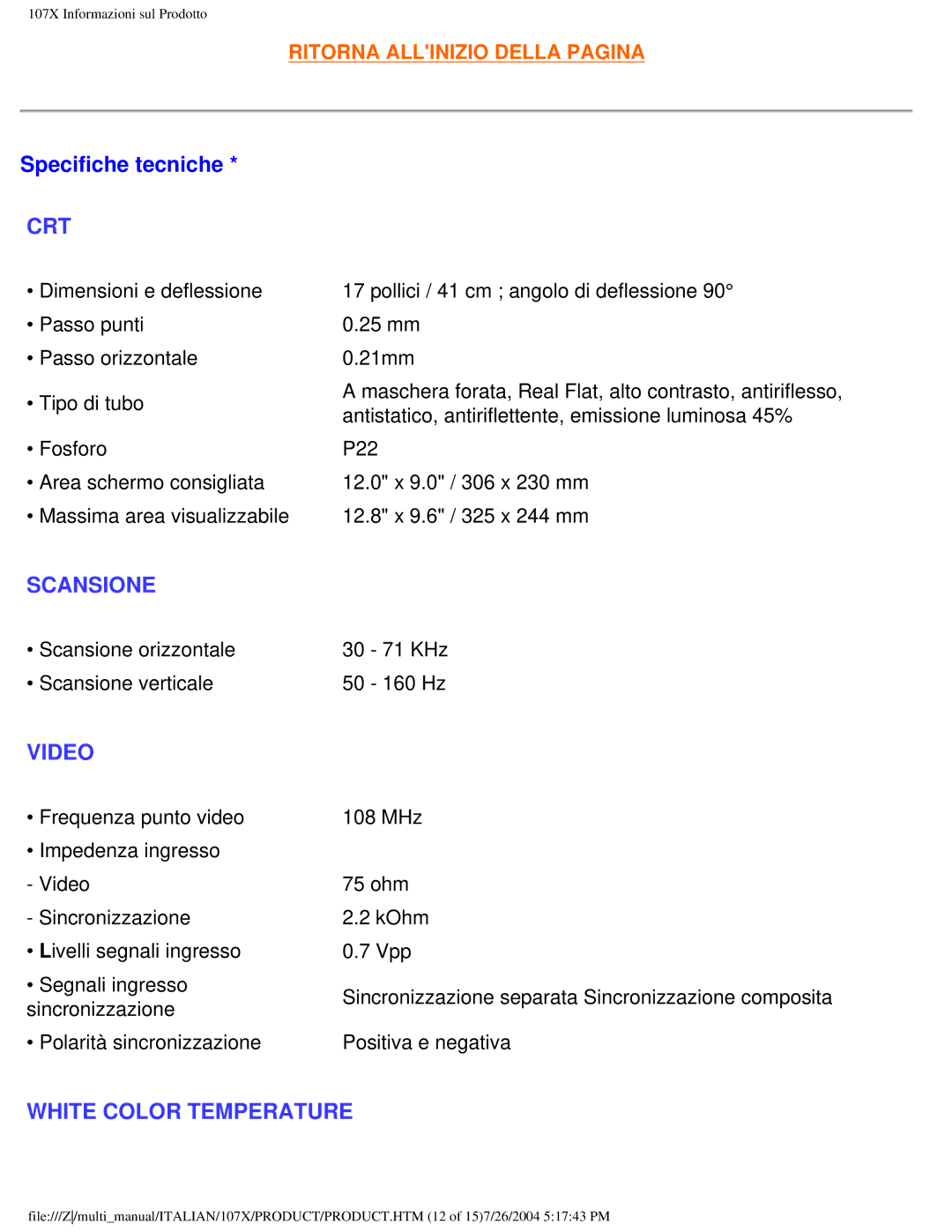 Philips 107X2 user manual Specifiche tecniche, Crt 