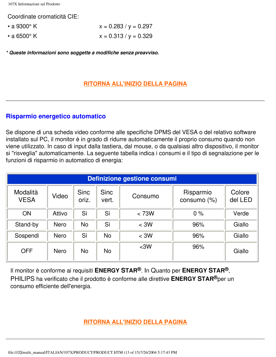 Philips 107X2 user manual Risparmio energetico automatico, Definizione gestione consumi 