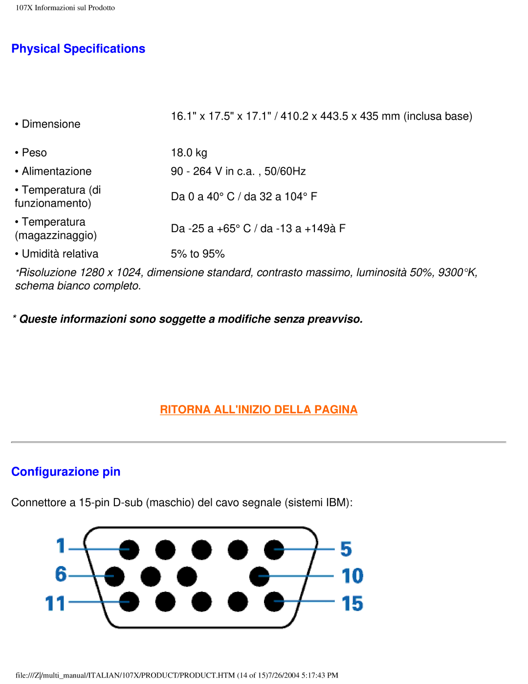 Philips 107X2 user manual Physical Specifications, Configurazione pin 