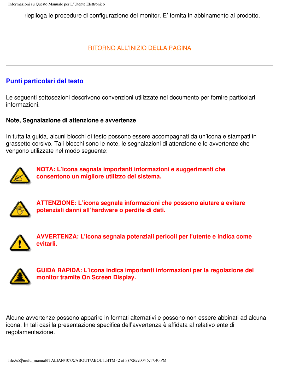 Philips 107X2 user manual Punti particolari del testo 